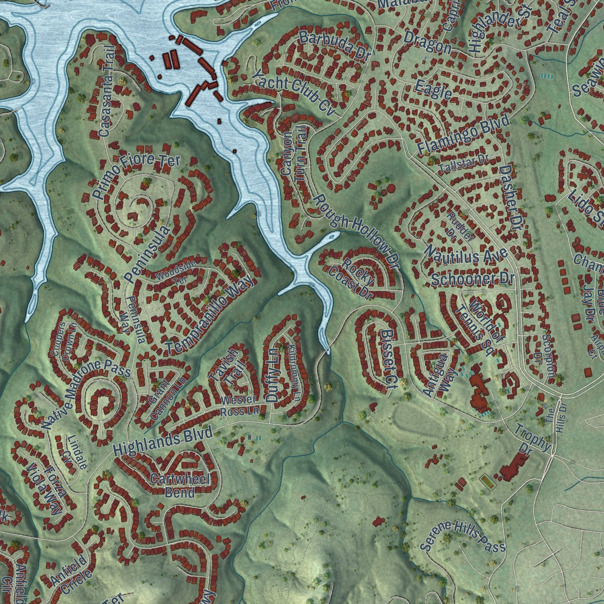 Second close-up of the map of Lakeway, Texas print showing more streets and buildings