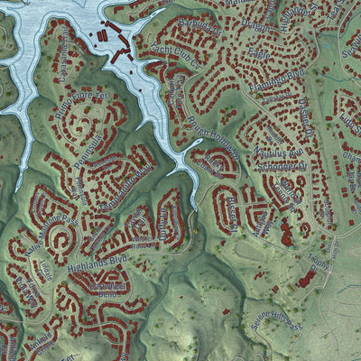 Second close-up of the map of Lakeway, Texas print showing more streets and buildings