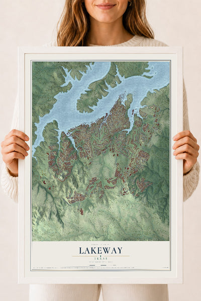 Map of Lakeway, Texas, 18 x 24 inch print in a white wood frame