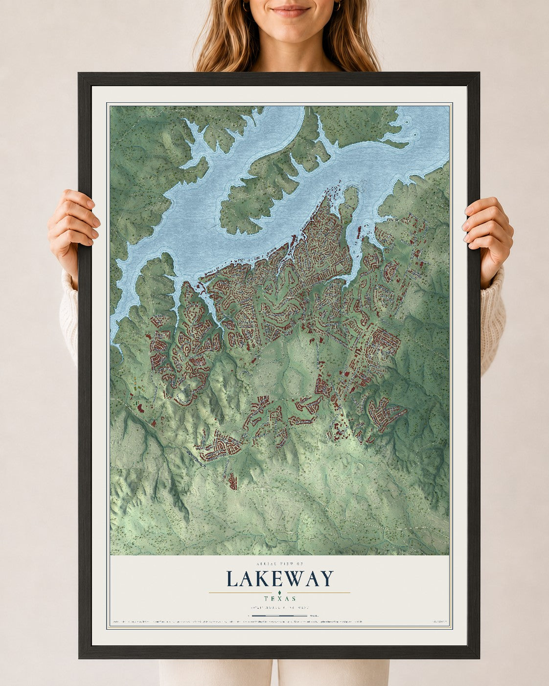Map of Lakeway, Texas, 24 x 36 inch print in a black wood frame