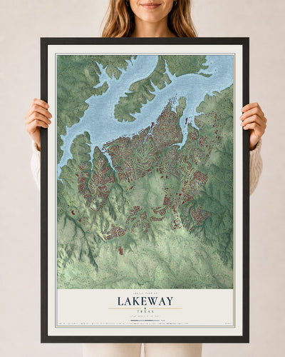 Map of Lakeway, Texas, 24 x 36 inch print in a black wood frame