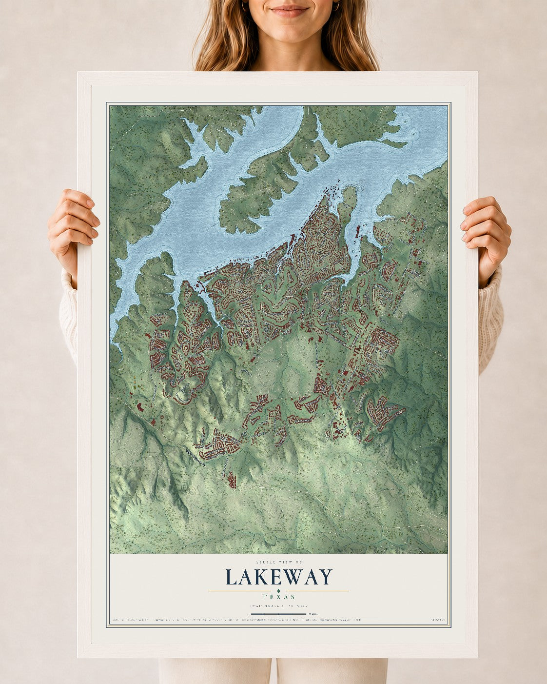 Map of Lakeway, Texas, 24 x 36 inch print in a white wood frame