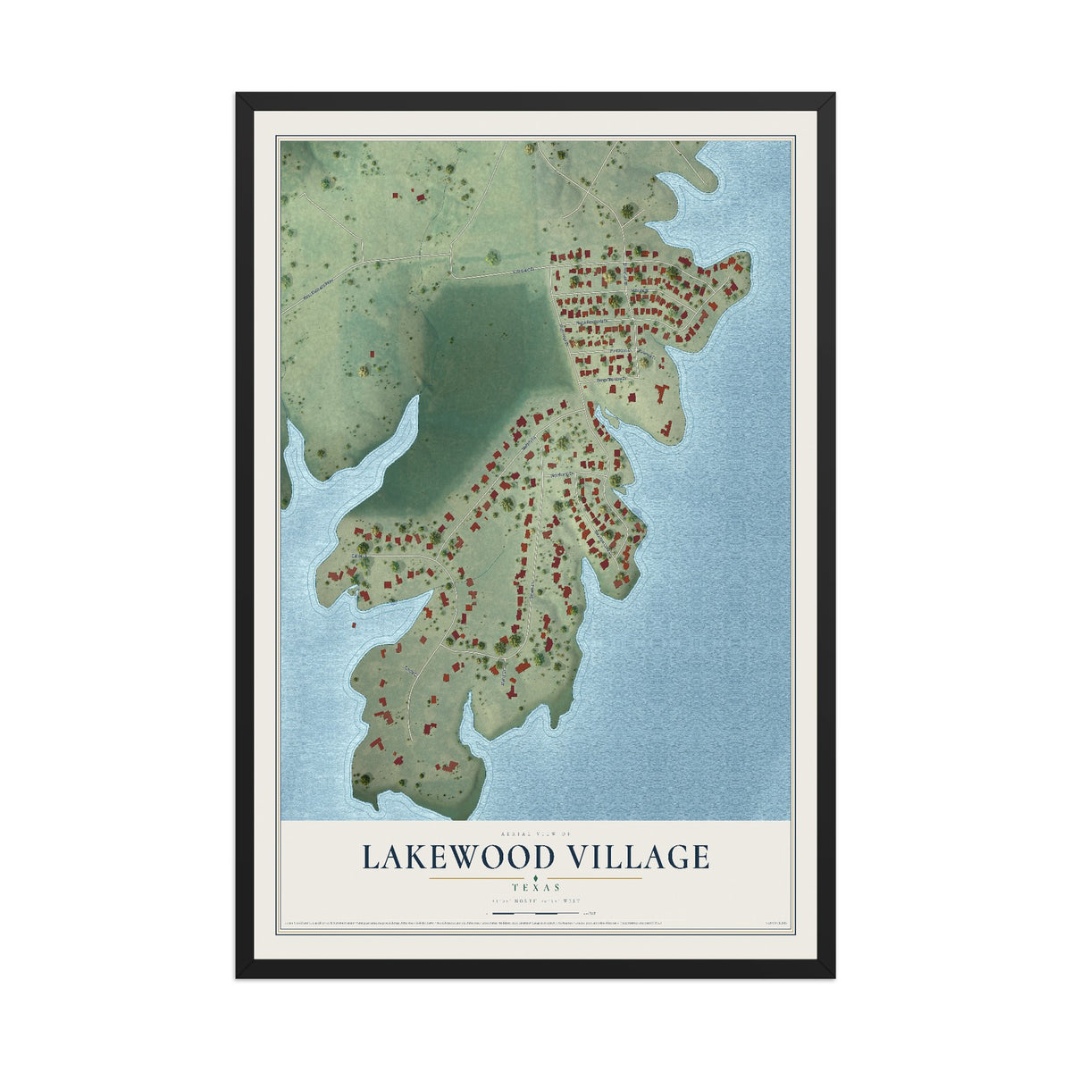 Map of Lakewood Village, Texas, 12 x 18 inch print in a black wood frame