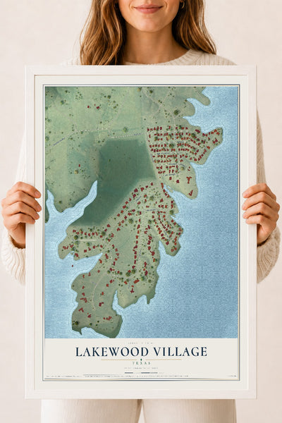 Map of Lakewood Village, Texas, 18 x 24 inch print in a white wood frame