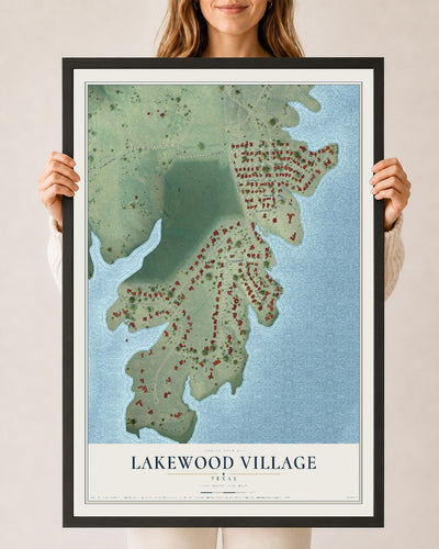Map of Lakewood Village, Texas, 24 x 36 inch print in a black wood frame