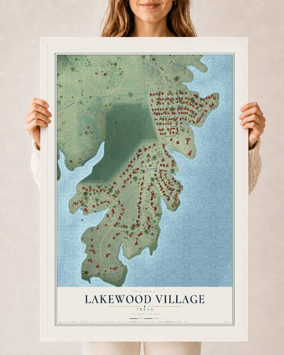 Map of Lakewood Village, Texas, 24 x 36 inch print in a white wood frame