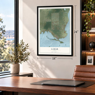 Lamar, Texas map, 18 x 24 inch print in a black frame in a home office