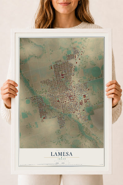 Map of Lamesa, Texas, 18 x 24 inch print in a white wood frame