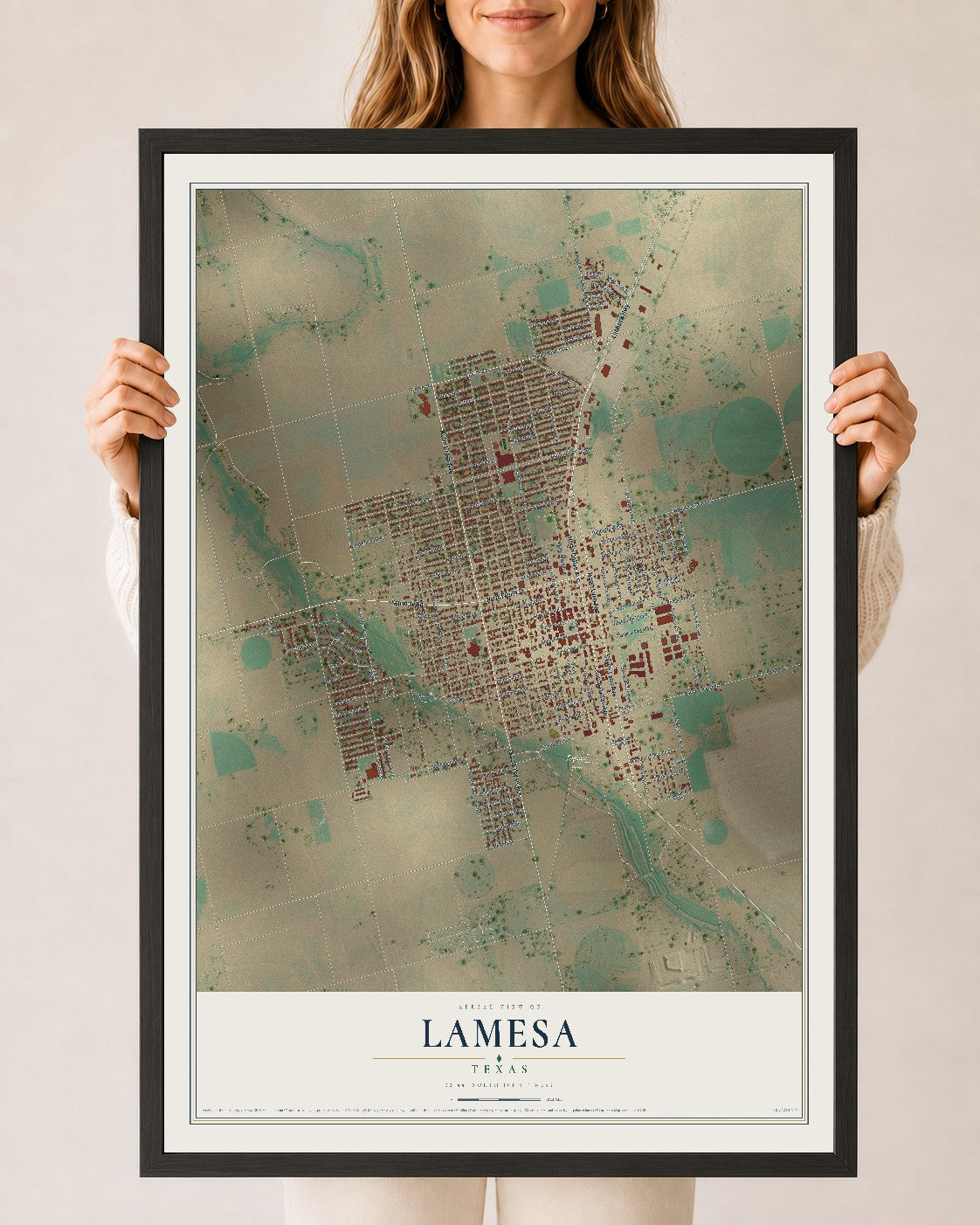 Map of Lamesa, Texas, 24 x 36 inch print in a black wood frame