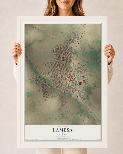 Map of Lamesa, Texas, 24 x 36 inch print in a white wood frame