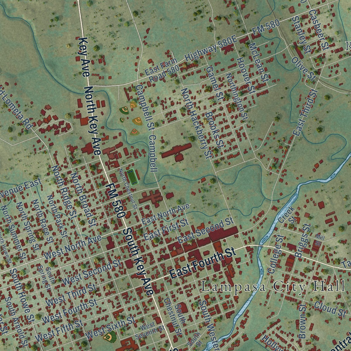 Close-up of the map of Lampasas, Texas print showing street and building detail