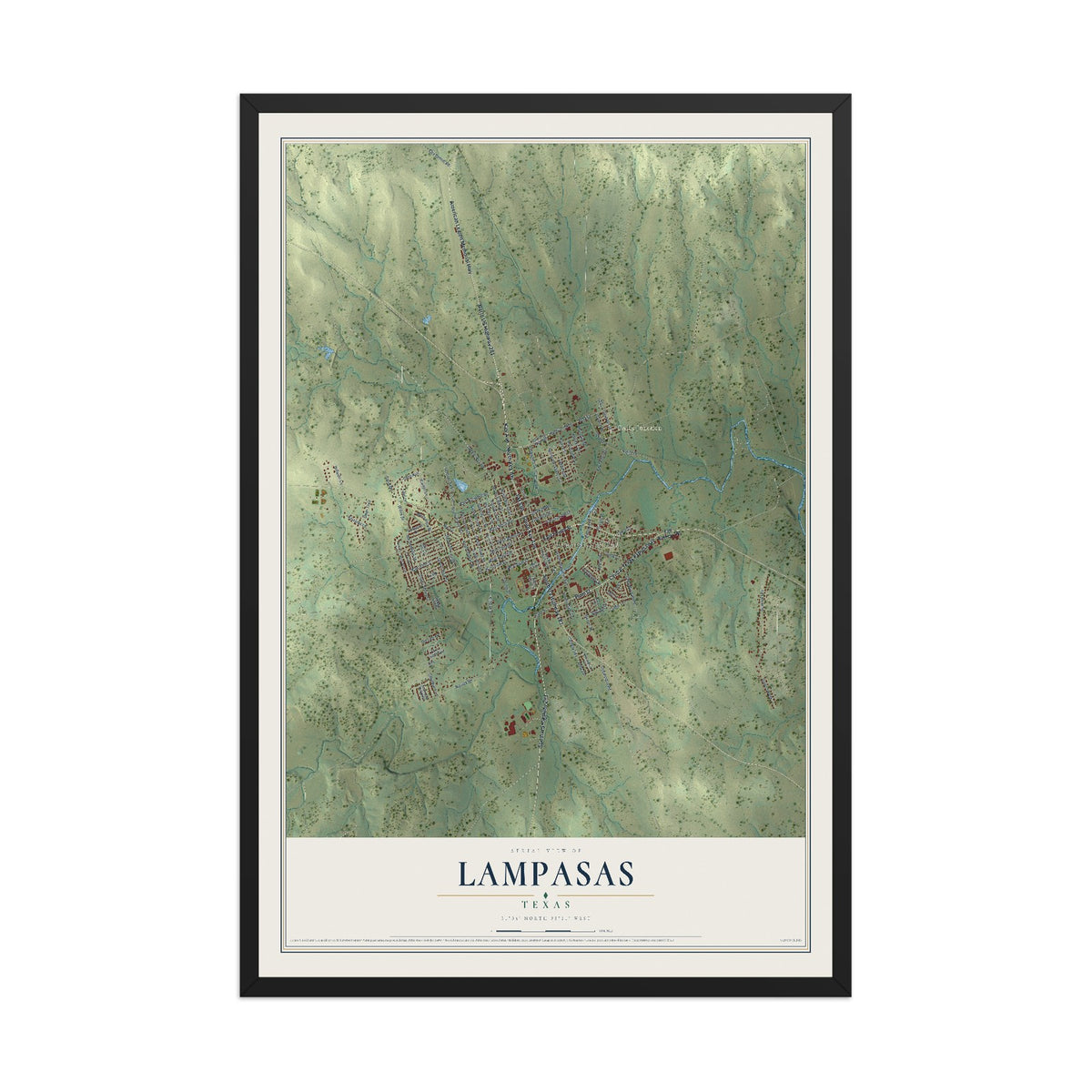 Map of Lampasas, Texas, 12 x 18 inch print in a black wood frame