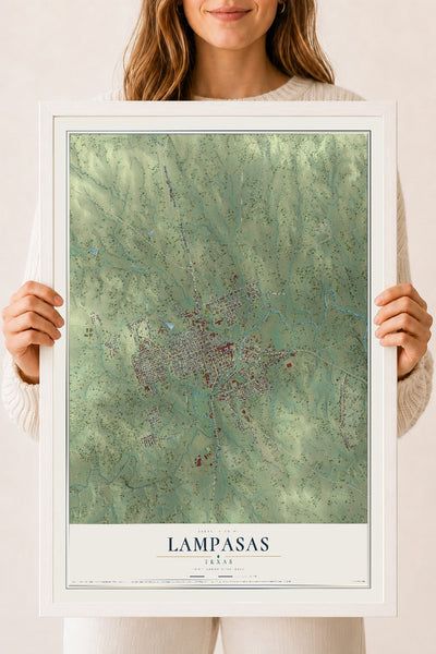 Map of Lampasas, Texas, 18 x 24 inch print in a white wood frame