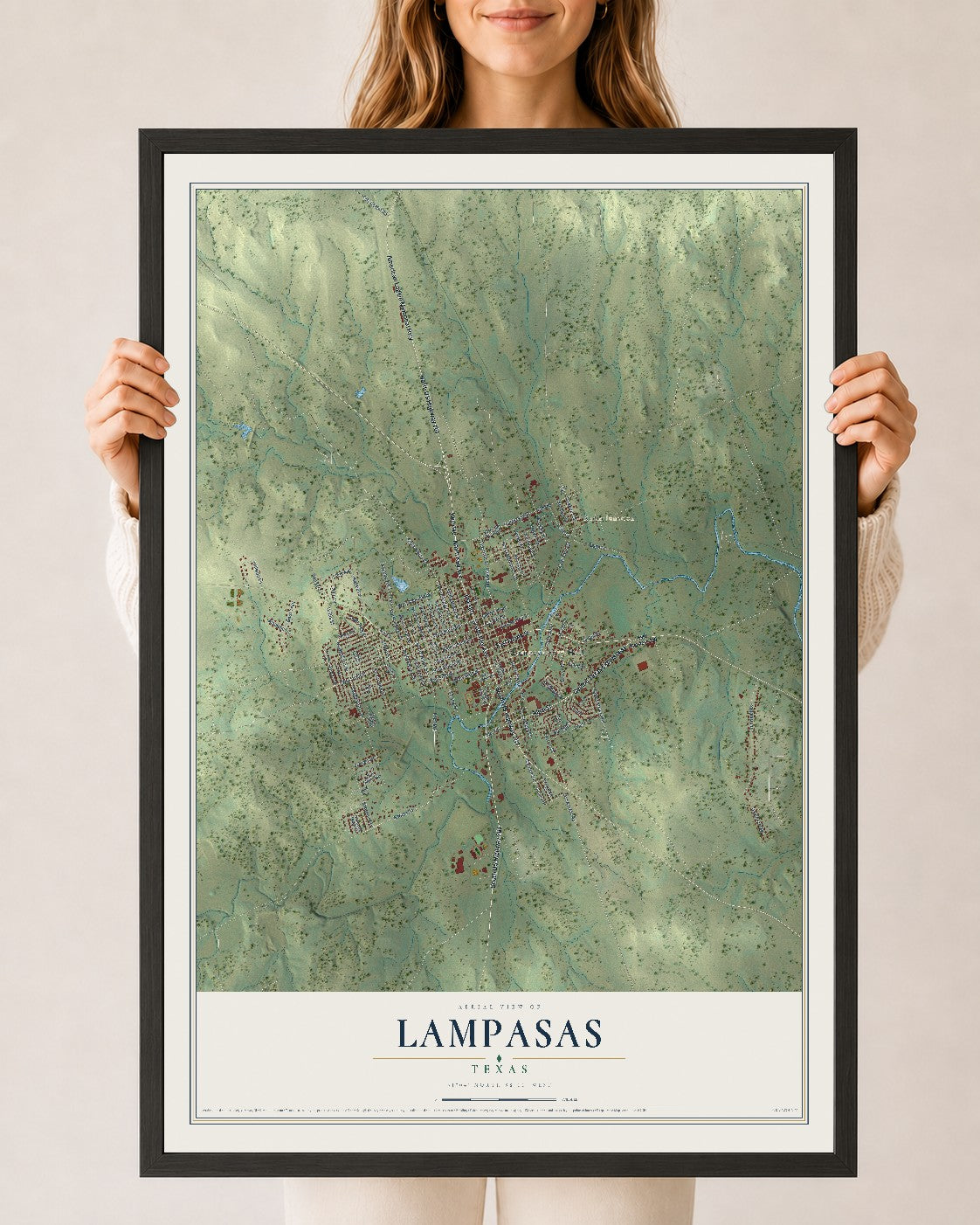 Map of Lampasas, Texas, 24 x 36 inch print in a black wood frame