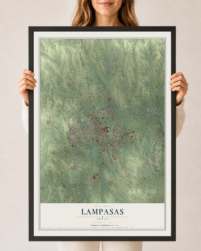 Map of Lampasas, Texas, 24 x 36 inch print in a black wood frame