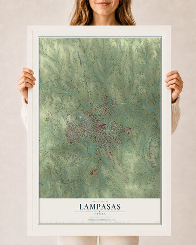 Map of Lampasas, Texas, 24 x 36 inch print in a white wood frame