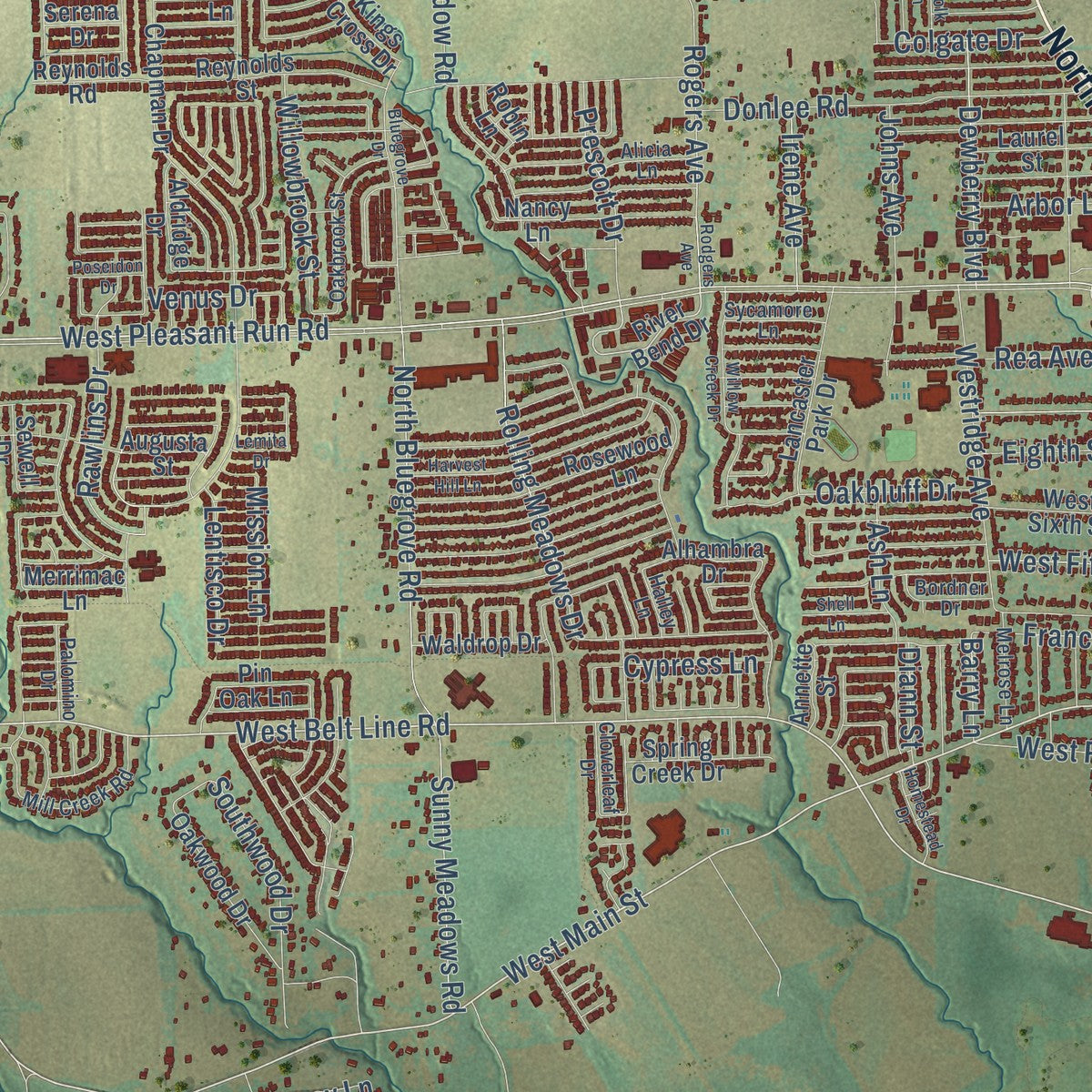 Close-up of the map of Lancaster, Texas print showing street and building detail