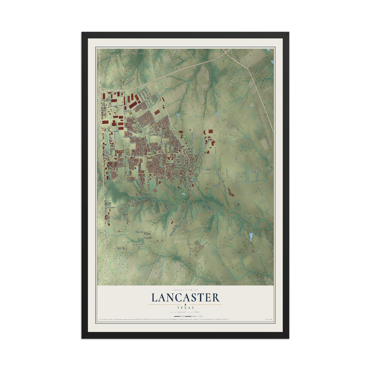 Map of Lancaster, Texas, 12 x 18 inch print in a black wood frame