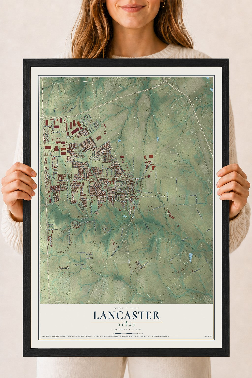 Map of Lancaster, Texas, 18 x 24 inch print in a black wood frame