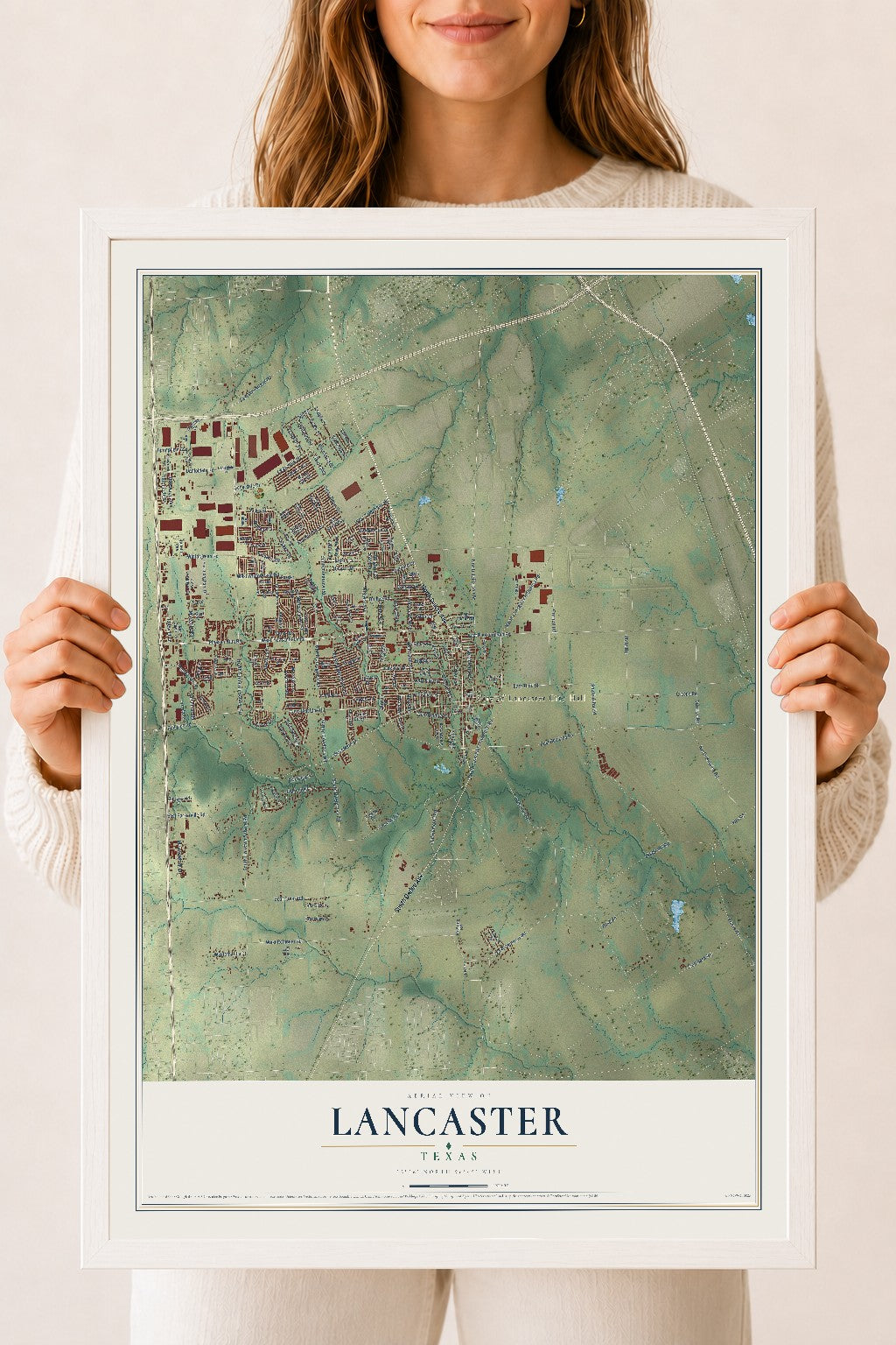 Map of Lancaster, Texas, 18 x 24 inch print in a white wood frame