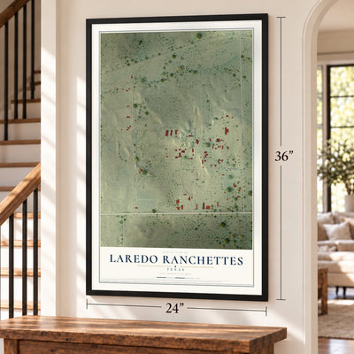 Laredo Ranchettes, Texas map, 24 x 36 inch print in a black frame by a staircase