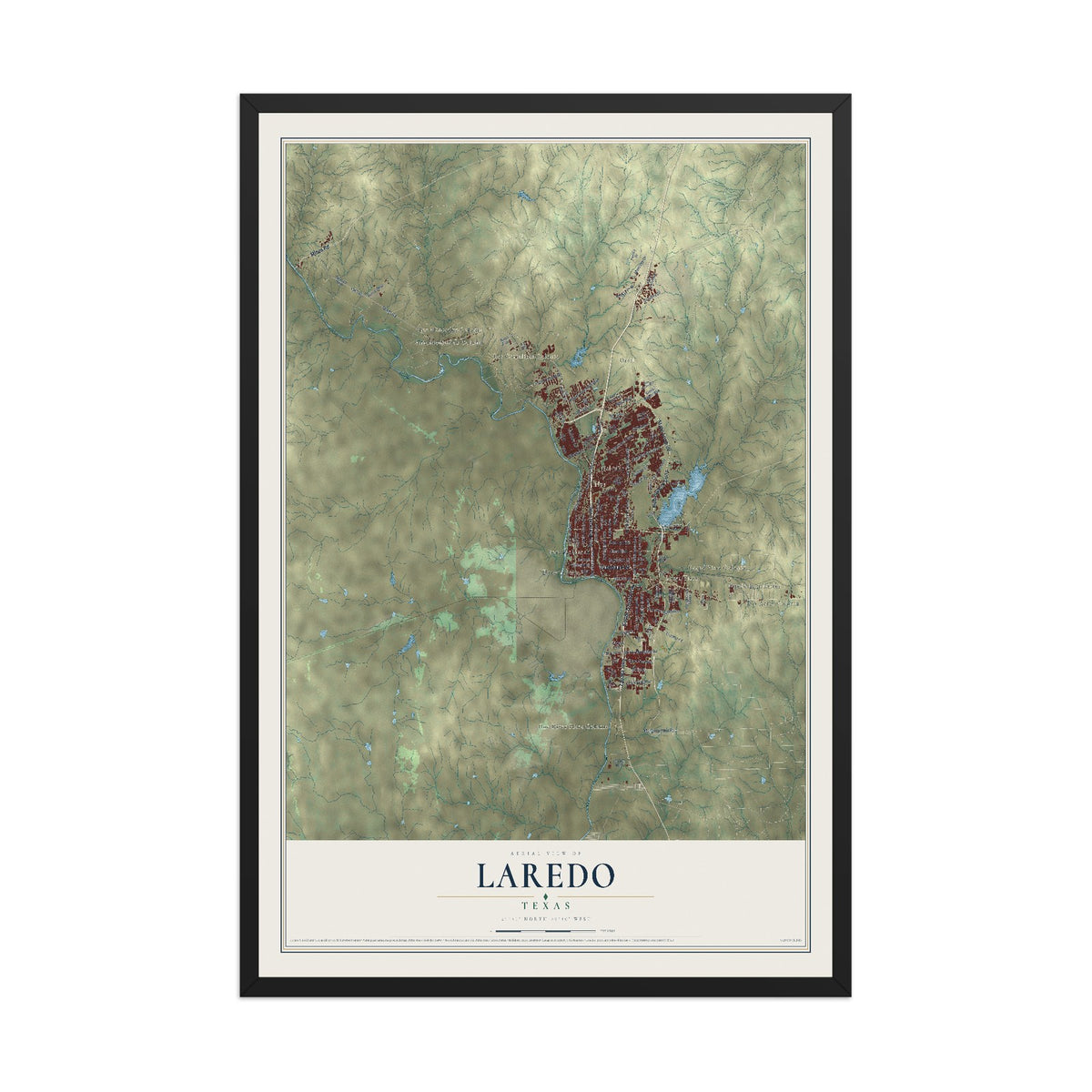 Map of Laredo, Texas, 12 x 18 inch print in a black wood frame