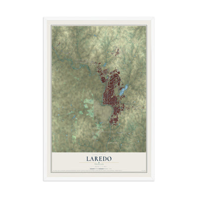 Map of Laredo, Texas, 12 x 18 inch print in a white wood frame