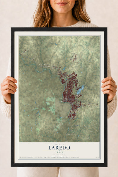 Map of Laredo, Texas, 18 x 24 inch print in a black wood frame