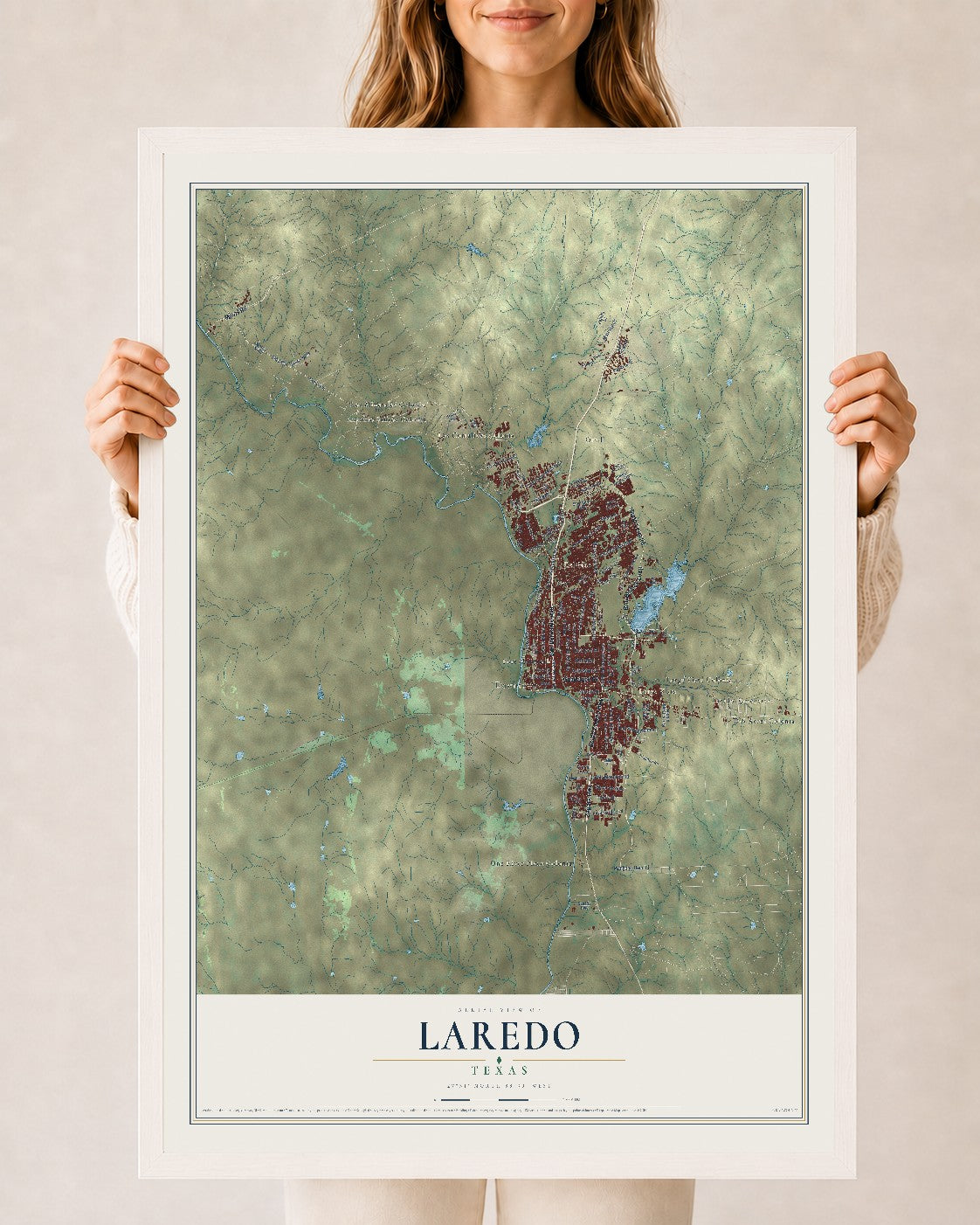 Map of Laredo, Texas, 24 x 36 inch print in a white wood frame