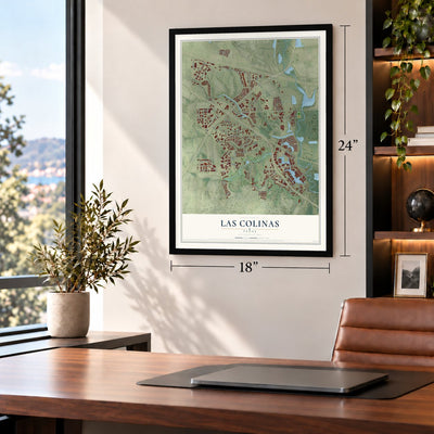 Las Colinas, Texas map, 18 x 24 inch print in a black frame in a home office