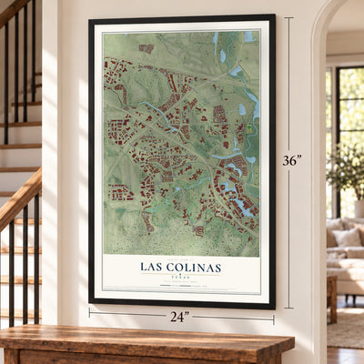 Las Colinas, Texas map, 24 x 36 inch print in a black frame by a staircase