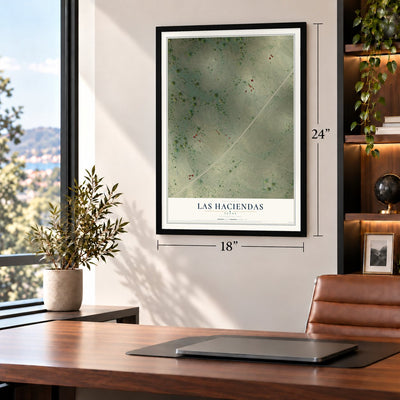 Las Haciendas, Texas map, 18 x 24 inch print in a black frame in a home office