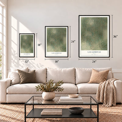 Las Lomitas, Texas map in 12 x 18, 18 x 24 and 24 x 36 inch sizes above a sofa