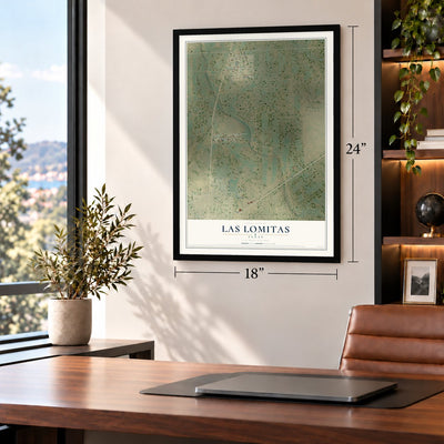 Las Lomitas, Texas map, 18 x 24 inch print in a black frame in a home office