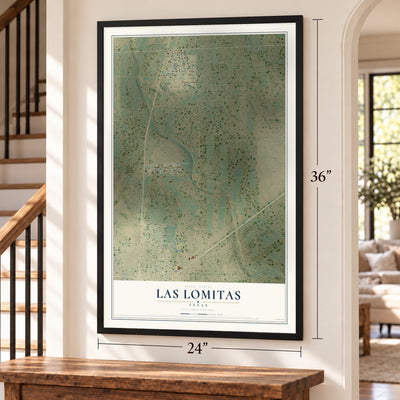 Las Lomitas, Texas map, 24 x 36 inch print in a black frame by a staircase