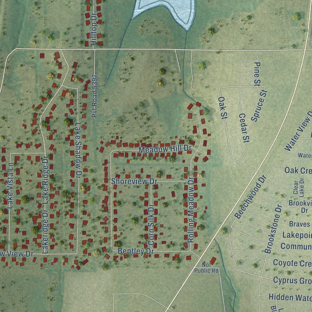 Second close-up of the map of Lavon, Texas print showing more streets and buildings