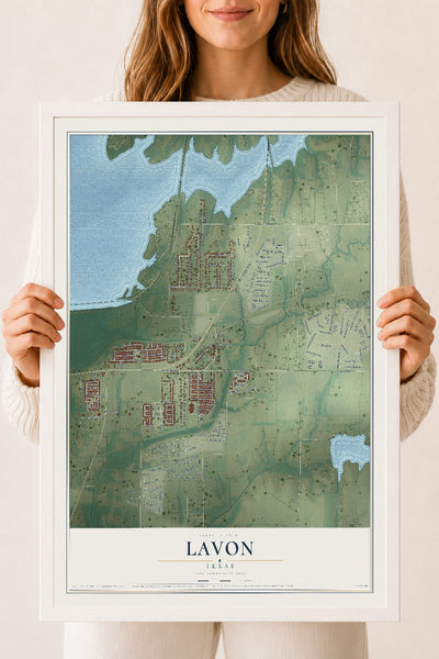 Map of Lavon, Texas, 18 x 24 inch print in a white wood frame