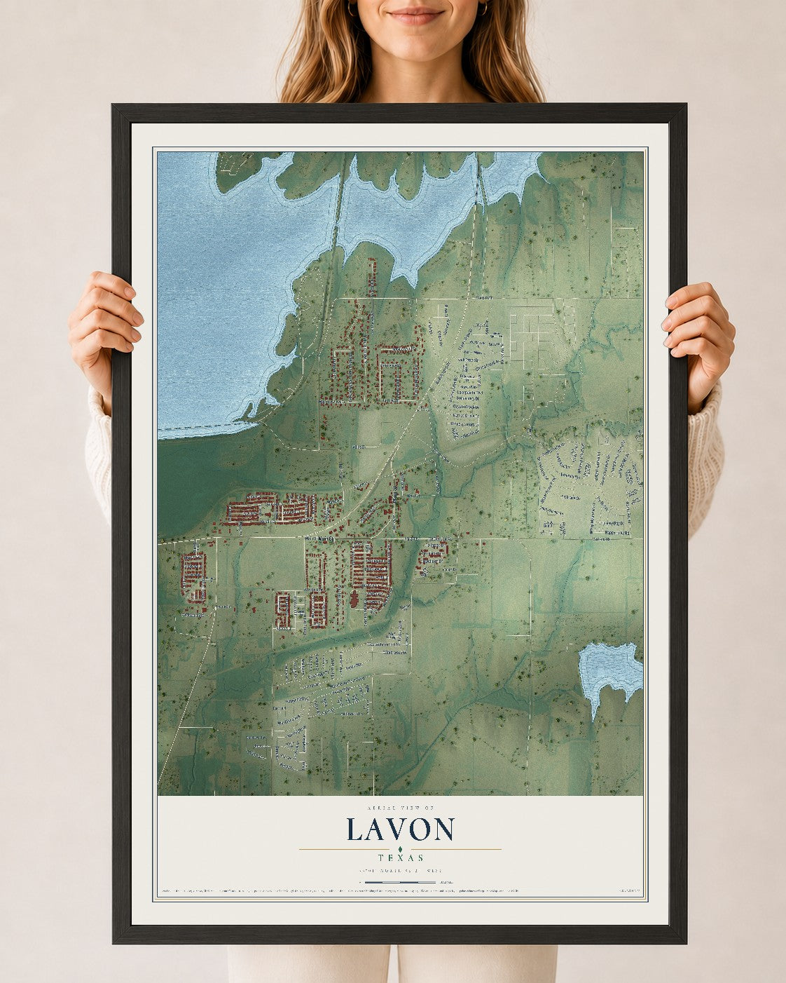 Map of Lavon, Texas, 24 x 36 inch print in a black wood frame