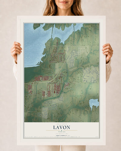 Map of Lavon, Texas, 24 x 36 inch print in a white wood frame