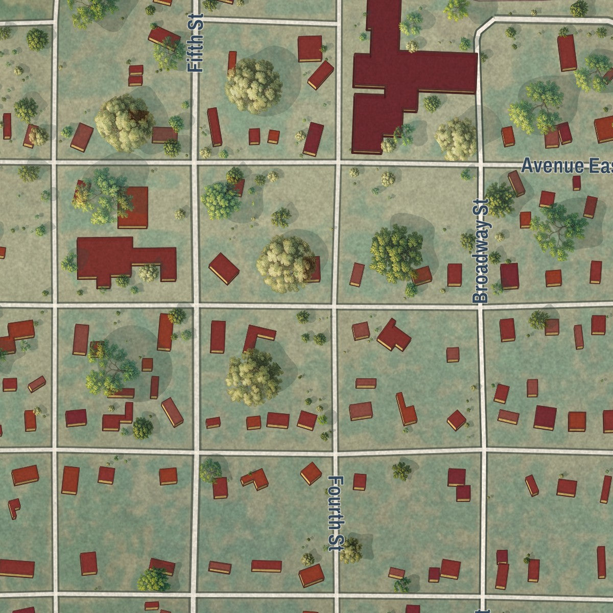 Close-up of the map of Lawn, Texas print showing street and building detail