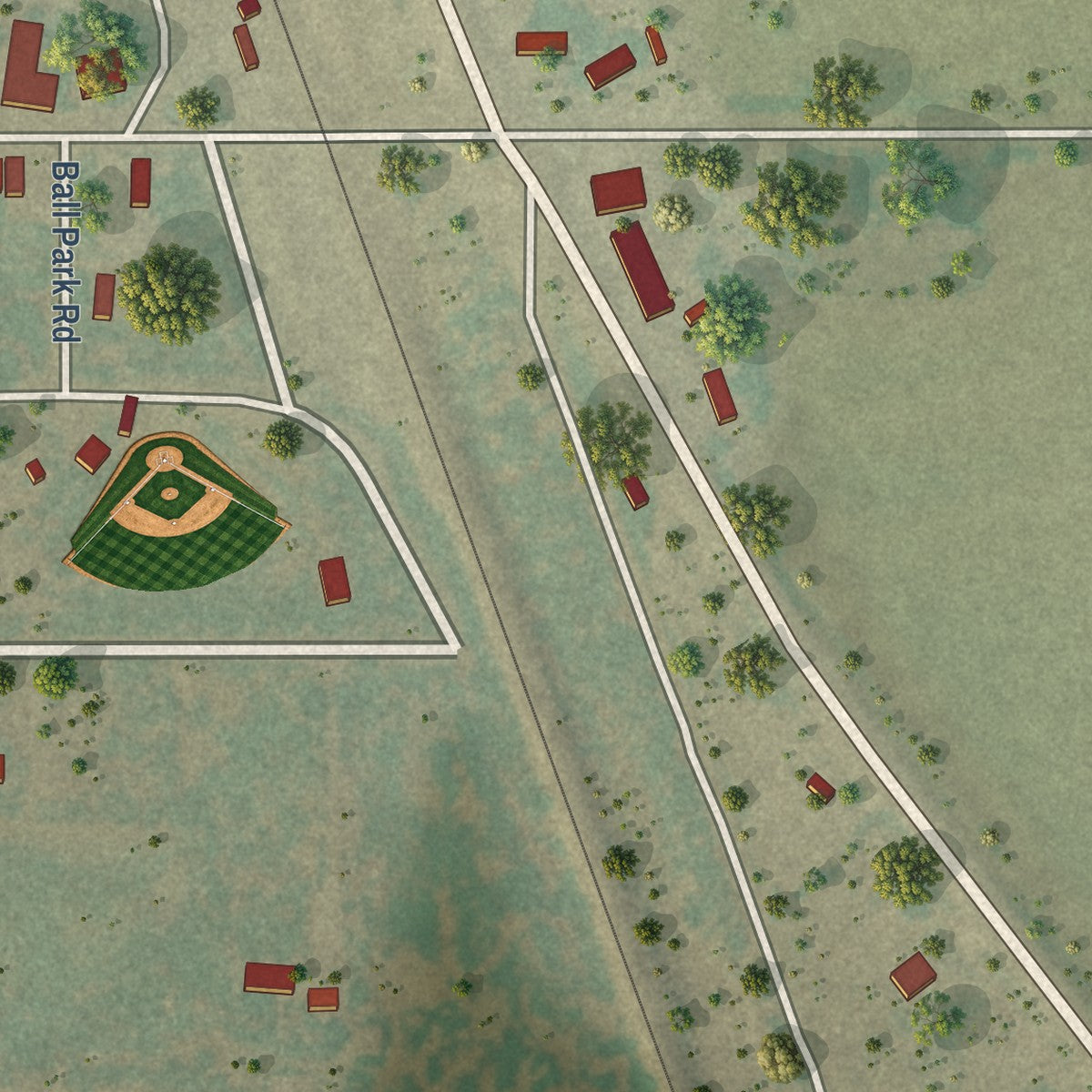 Second close-up of the map of Lawn, Texas print showing more streets and buildings