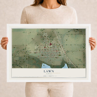 Map of Lawn, Texas, 12 x 18 inch print in a white wood frame