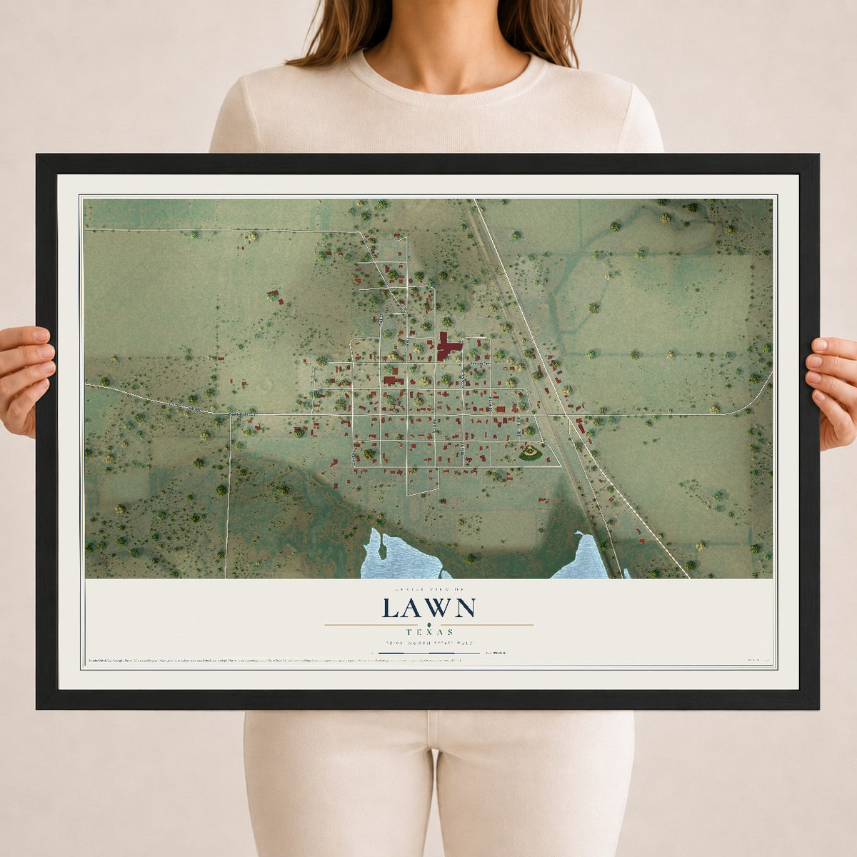 Map of Lawn, Texas, 18 x 24 inch print in a black wood frame