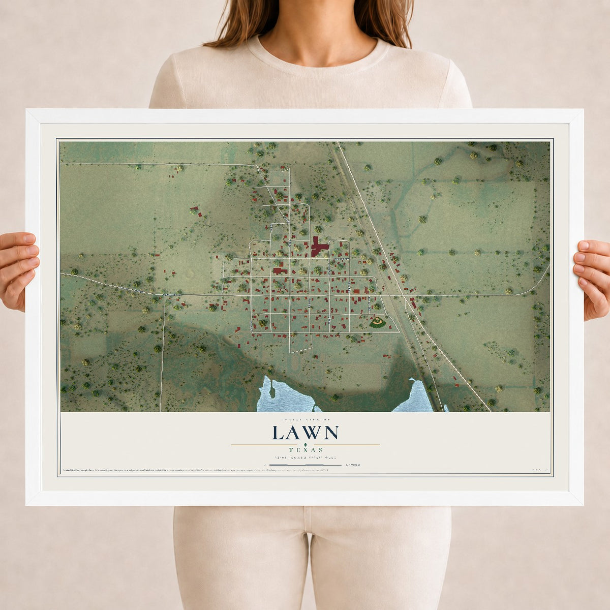 Map of Lawn, Texas, 18 x 24 inch print in a white wood frame