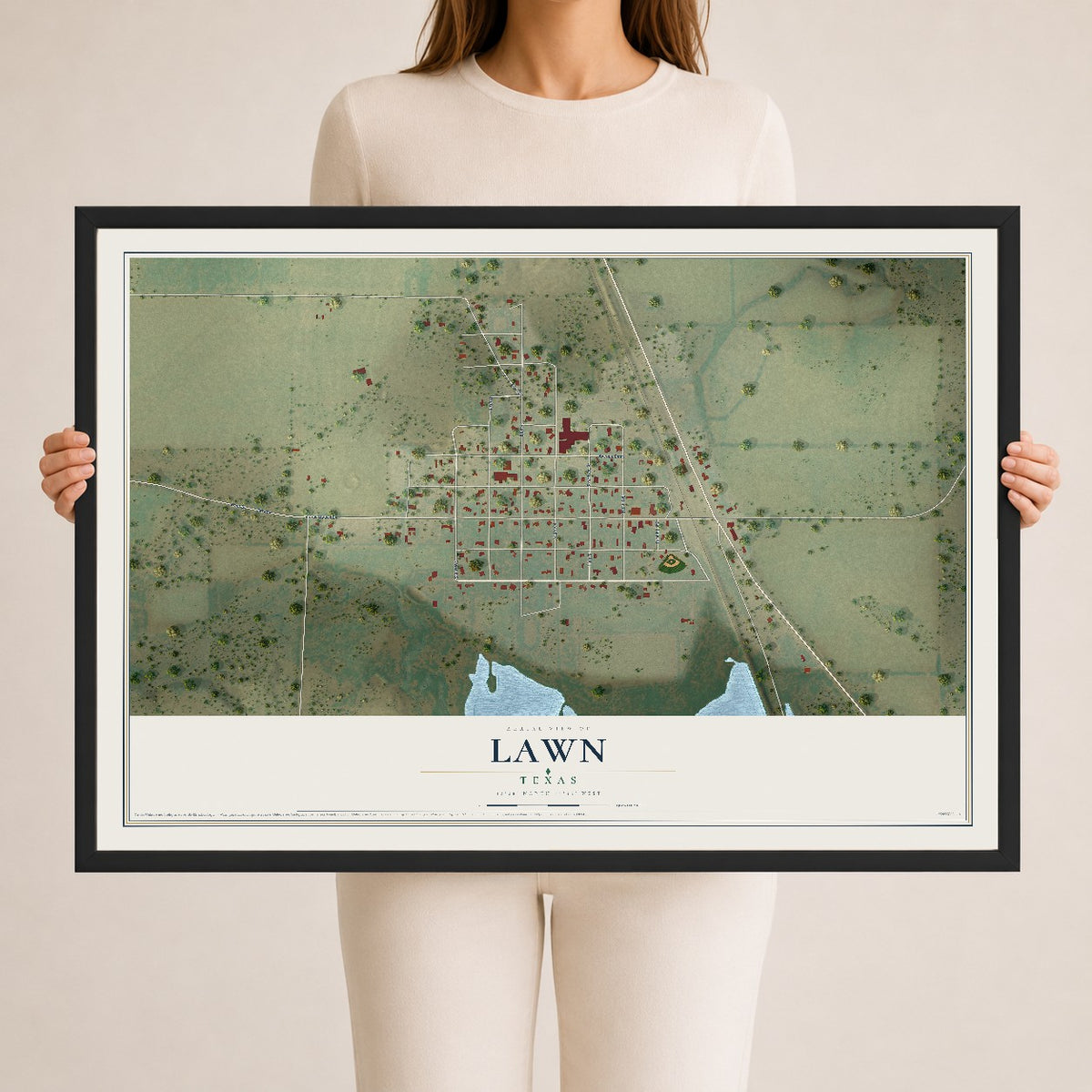Map of Lawn, Texas, 24 x 36 inch print in a black wood frame
