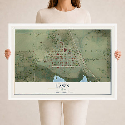 Map of Lawn, Texas, 24 x 36 inch print in a white wood frame