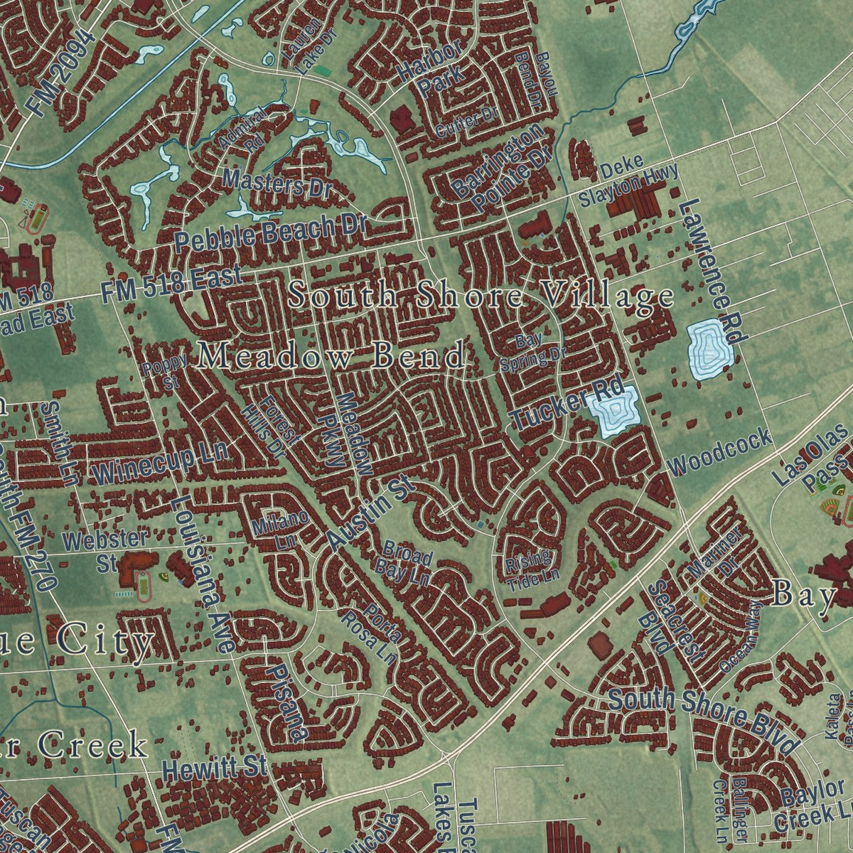 Second close-up of the map of League City, Texas print showing more streets and buildings