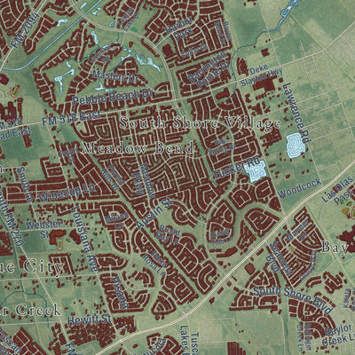 Second close-up of the map of League City, Texas print showing more streets and buildings