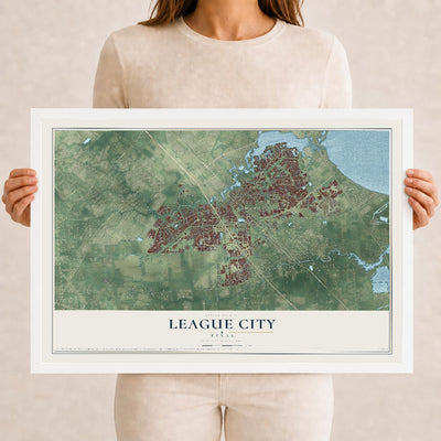 Map of League City, Texas, 12 x 18 inch print in a white wood frame