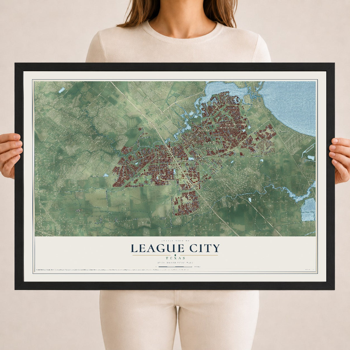 Map of League City, Texas, 18 x 24 inch print in a black wood frame